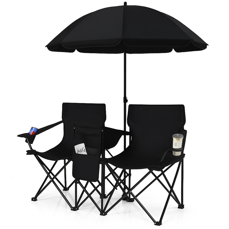 Conjunto Duo Luxo Outdoor – Cadeiras Dobráveis com Guarda‑Sol e Cooler Integrado