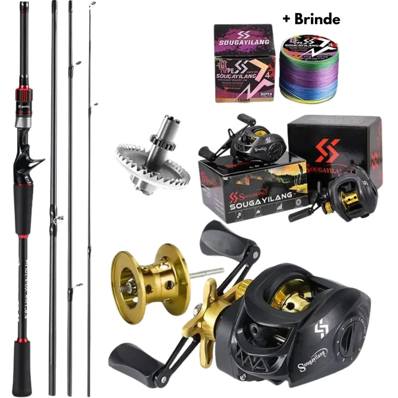 Conjunto Carbon - Carretilha com 10KG de DRAG - Vara 10/25 LBS + Linha Multifilamento